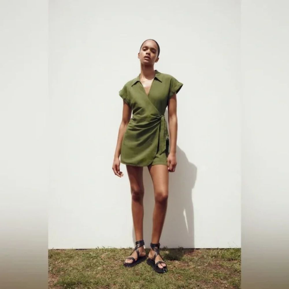 ZARA KNOTTED LINEN BLEND SHORT JUMPSUIT